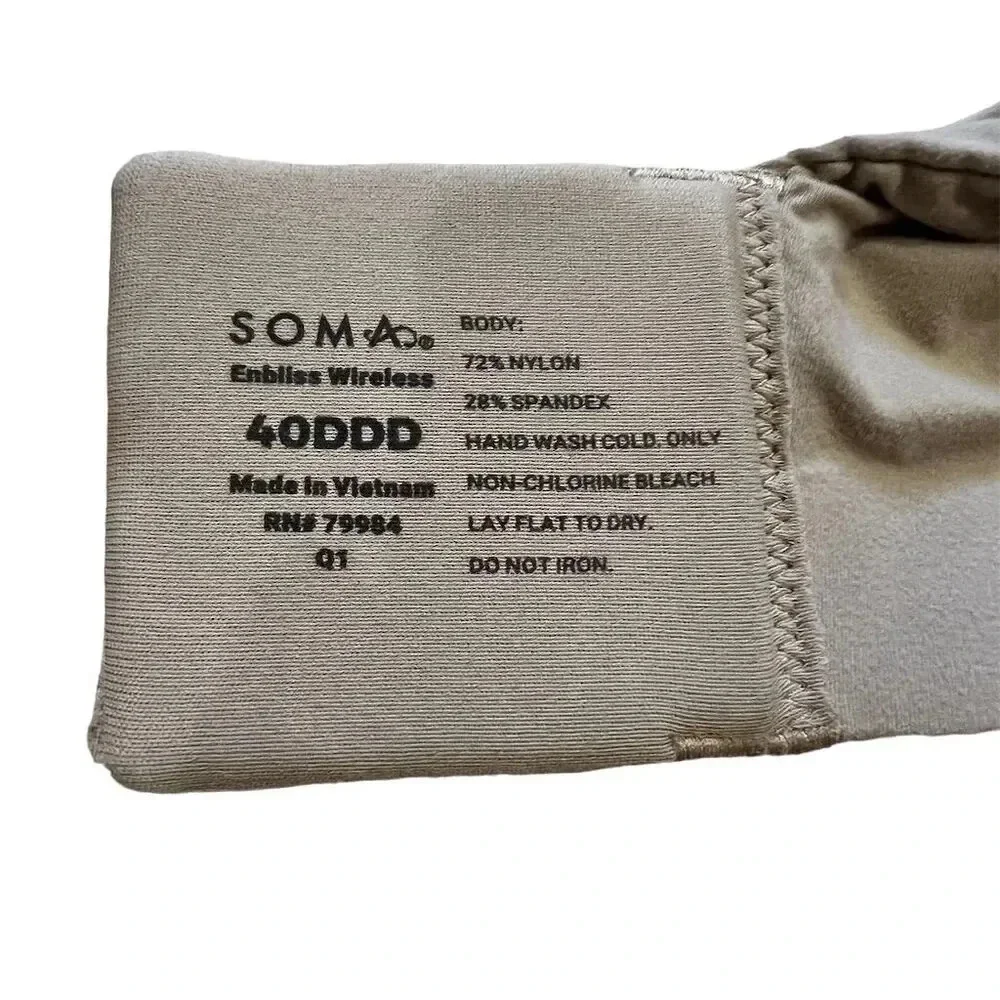 Soma Enbliss Wireless‎ T-Shirt Bra 40DDD Beige Lightly Lined Adjustable